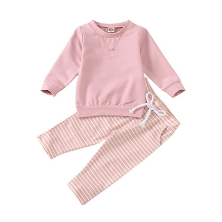 

Honeeladyy Winter Coats Newborn Infant Baby Boys Girls Solid Sweatshirt Striped Drawstring Pants Outfits Pink Clearance under 5$