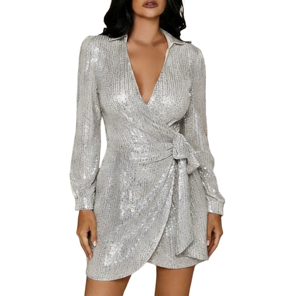 Elegant Sparkly Sequin Evening Gown Formal Party Dress With Tie Neck And Waist For Plus Size Women