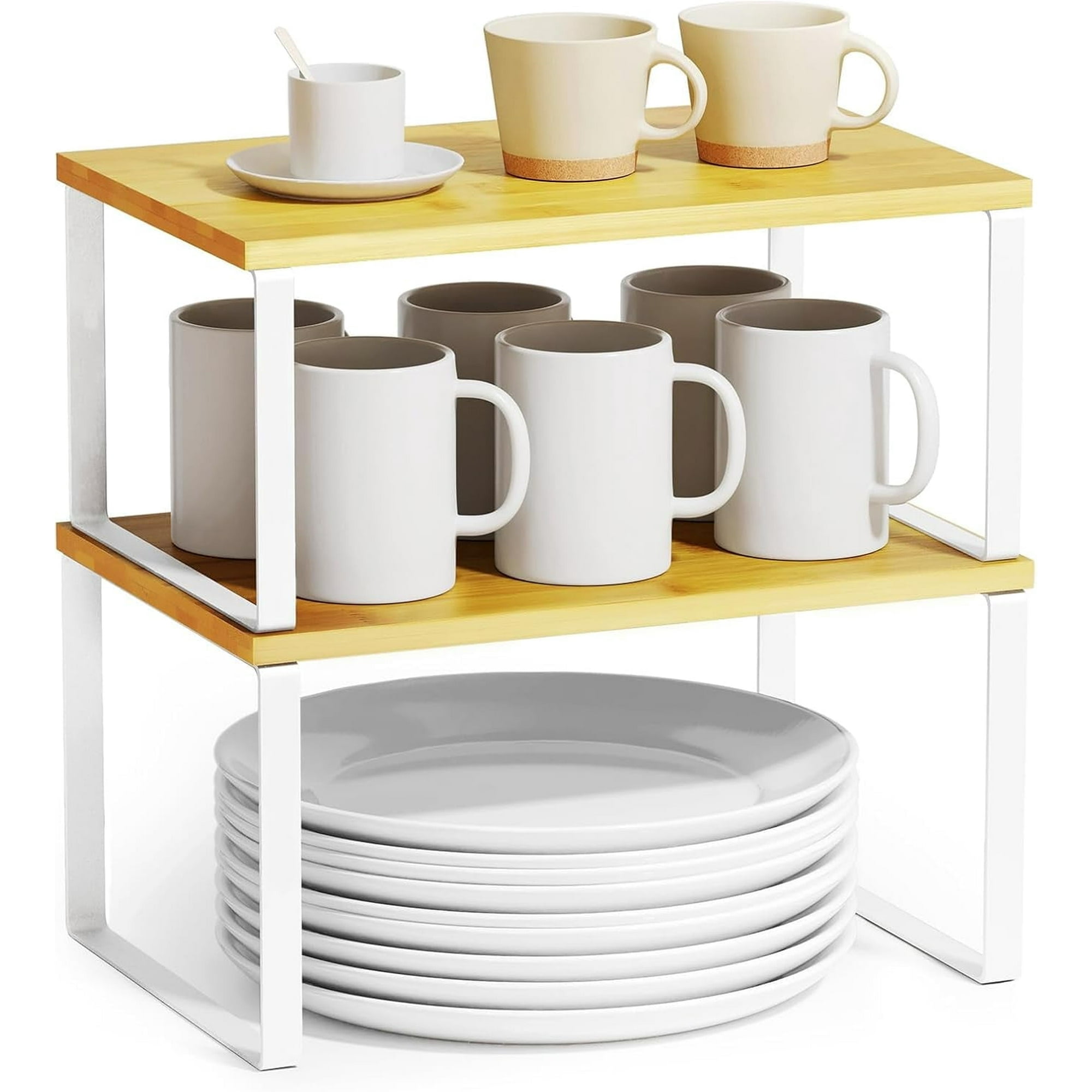 SpaceAid 2 Pack Bamboo Cabinet Shelf Organizers, Kitchen Counter Shelves, White