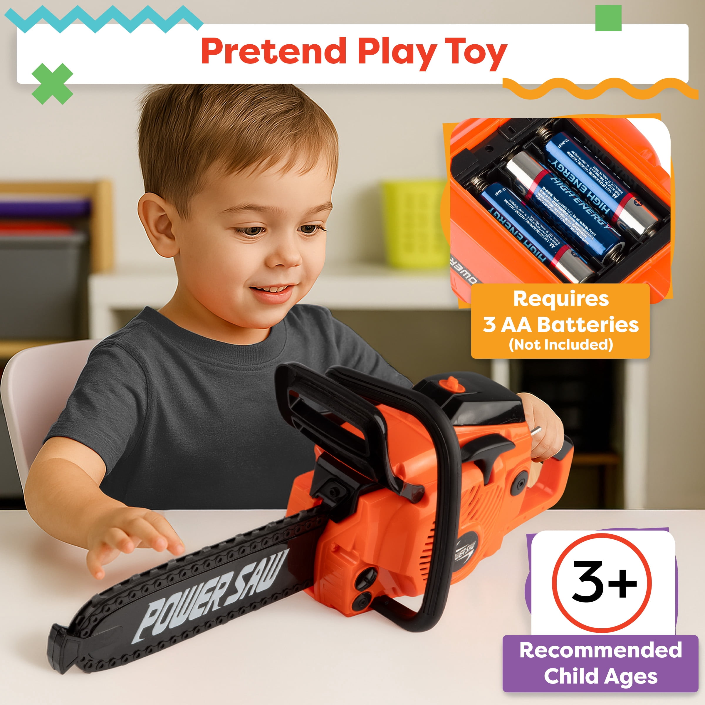 Hey! Play! Battery-Powered Toy Chainsaw with Pull Cord and Realistic Sounds – Pretend Play Toy for Kids
