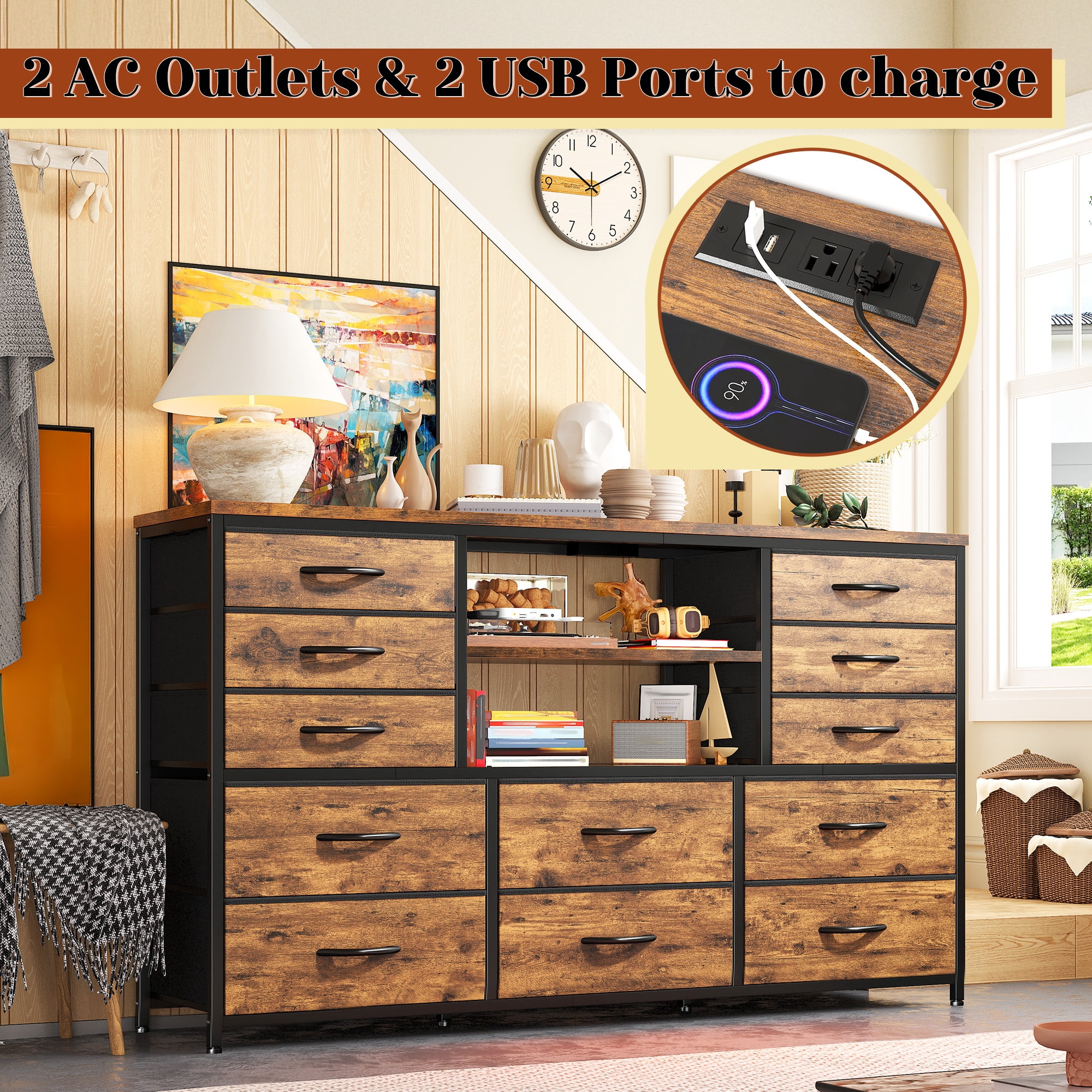 reibii TV Stand for 55'' TV Dresser for Bedroom,LED TV Stand with Storage 12 Fabric Drawers Dresser with Entertainment Center,Power Outlet,Rustic Brown