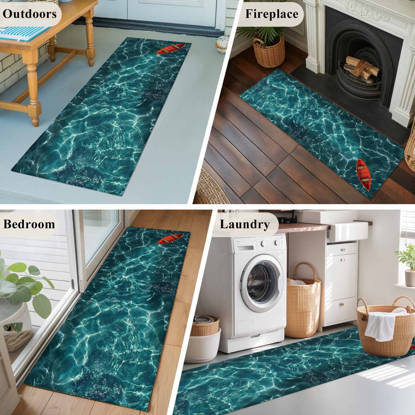 Teal Green Ocean Waves 2'x6' Runner Rugs for Hallway Kitchen Bedside Non Slip Washable, Red Boat Coastal Entryway Rug Runners with Rubber Backing, Long Carpet Runner for Laundry Room