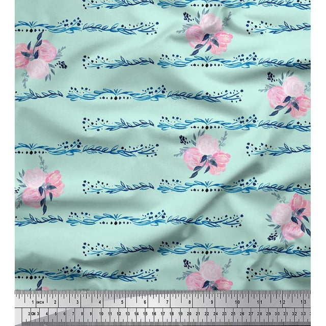 Soimoi Green Poly Georgette Fabric Leaves & Ranunculus Floral Decor Fabric Printed Yard 52 Inch Wide