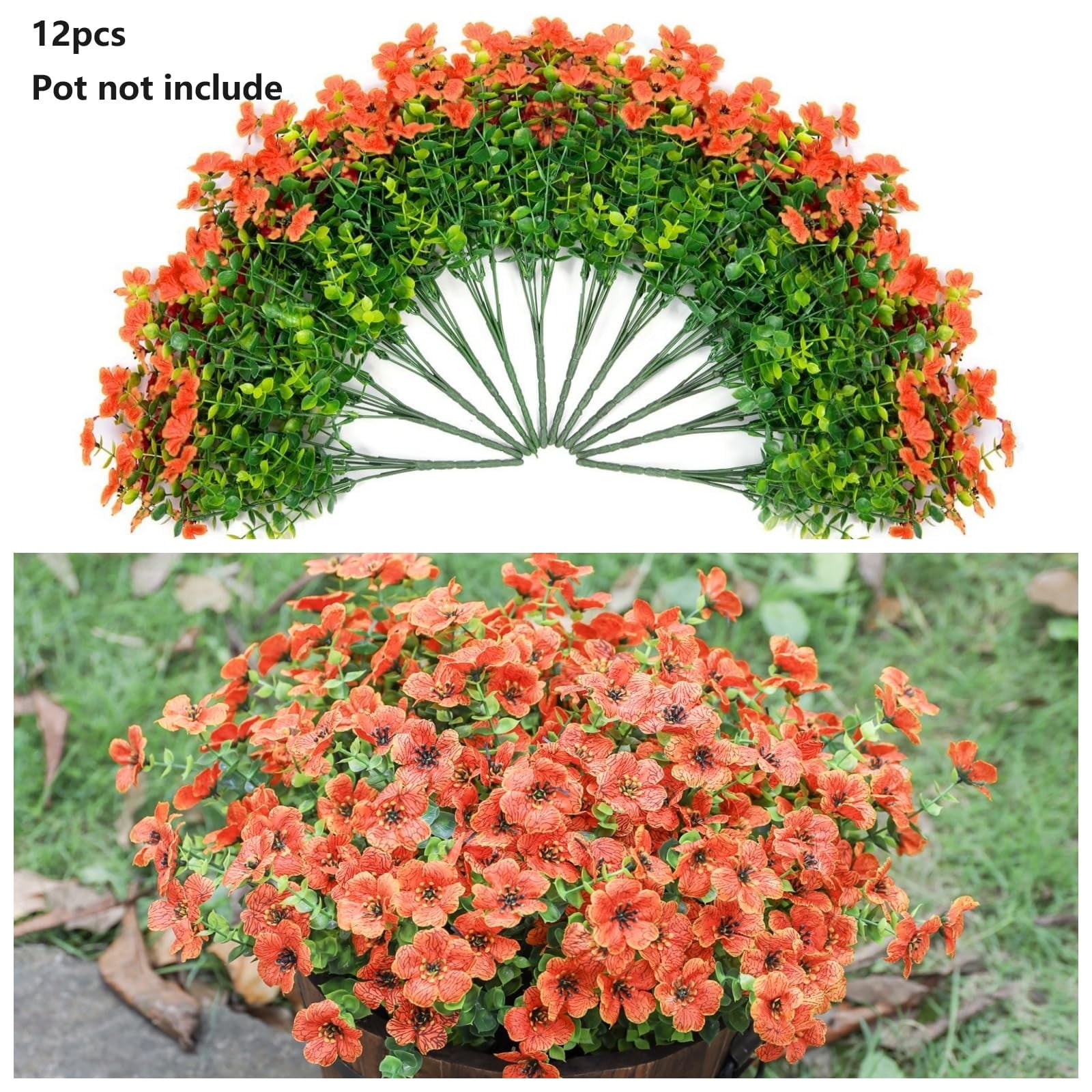 TETOU 16Pcs Artificial Plants Flowers, 13.8*7.5" Fake Silk Colorful Daisy Eucalyptus, UV Resistant Fake Flowers with Plastic Plants for Outside Home Porch Patio Window Yard Decor, Orange Green