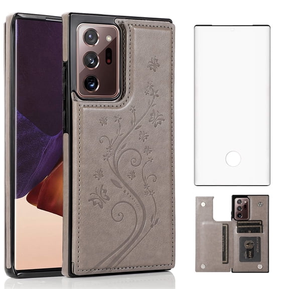 Asuwish Compatible with Samsung Galaxy Note 20 Ultra 5G Wallet Phone Case Screen Protector and Flower Card Holder Stand Cell Cover for Note20 Plus Notes 20Ultra Note20  U   20  Twenty Not S20 Grey