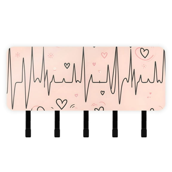 Lines Hearts Pink Mail Holder Organizer Wall Mount with Shelf Key Holder Key Rack with 5 Key Hooks for Wall Decorative