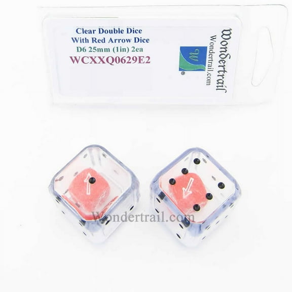 Clear Double Dice with Red Arrow Dice Inside Clear D6 Aprox 25mm (1in) Pack of 2 Wondertrail
