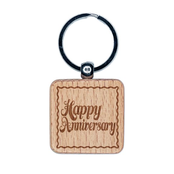 Happy Anniversary Elegant Text Square Keychain Charm Tag - Engraved Wood