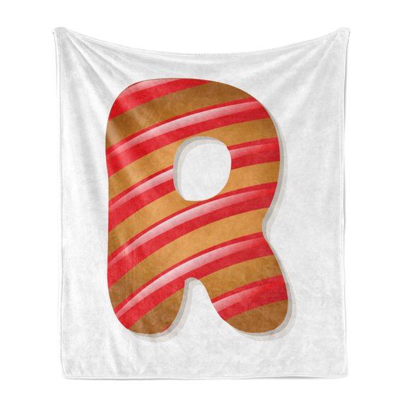 Christmas Alphabet Soft Flannel Fleece Throw Blanket, Xmas Themed Cookie Shaped Letter R Noel Monogram Art, Cozy Plush for Indoor and Outdoor Use, 50" x 60", Ginger Vermilion and White, by Ambesonne
