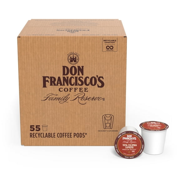 Don Francisco's 100% Colombia Supremo Medium Roast Coffee: 55 K-Cup Compatible Single-Serve Pods, 100% Arabica, Recyclable through Terracycle - Floral Aroma with Winey Notes