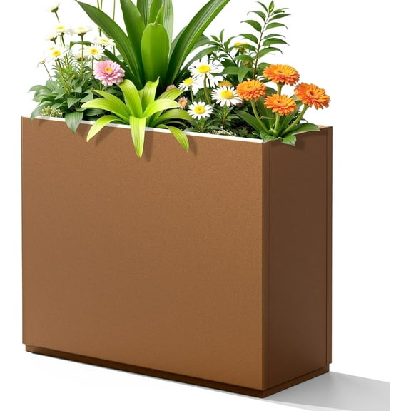 FENCY Metal Planter Box, Large Rectangular Planters for Outdoor Plants, Outdoor Tall Planters with Drainage Holes, Brown Metal Planters (30" L x 12" W x 24" H)