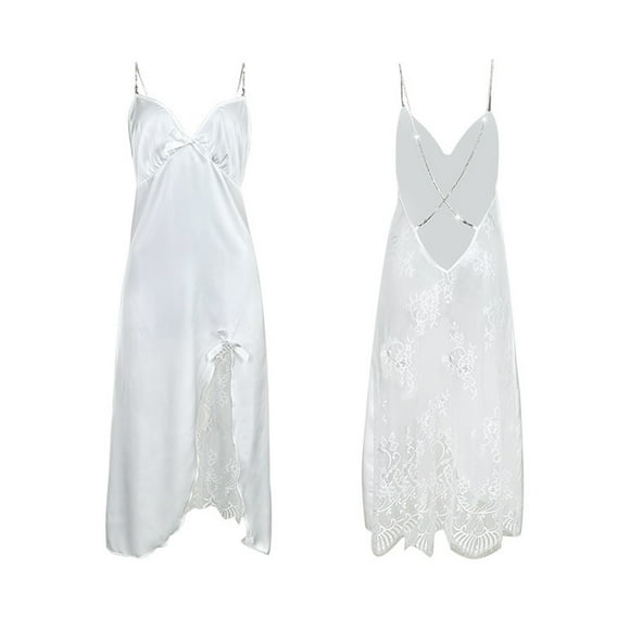 Women's Dress Sexy Slit Nightgown Pure And Style Girl Eyelash And Lace Patchwork Underwear Negligee plus Size