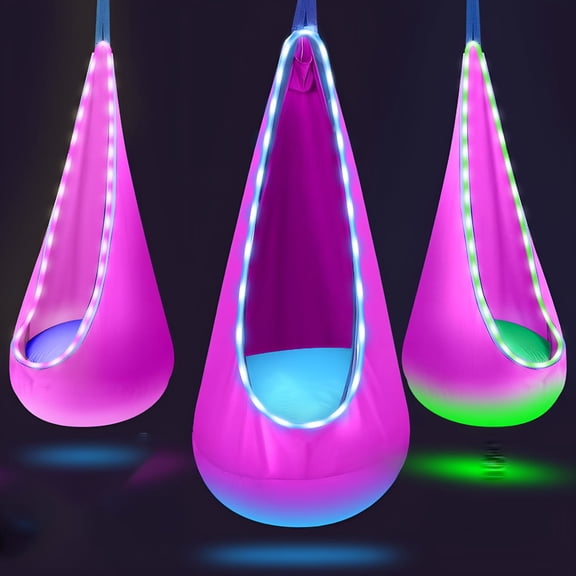 LAMIRO LED Glow Hanging Hammock Chair Cozy Cotton Swing with Steel Support & Pillow for Indoor/Outdoor, Age 14 