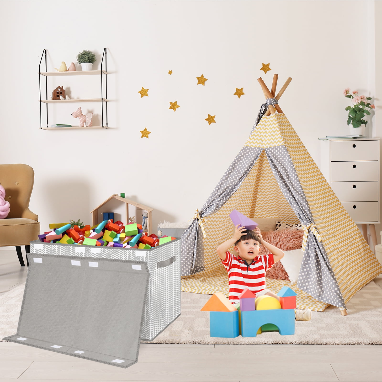 Large Toy Box Chest Organizer Bins for Boys Girls Kids, Collapsible Fabric Storage Basket Container with Flip-Top Lid & Handles for Clothes,Blanket,Nursery,Playroom,Bedroom, Herringbone Pattern(Gray)