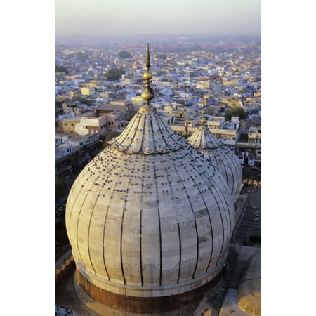 India Delhi Jama Masjid Aerial View Of Mosque With Birds Sitting Atop City Skyline In Distance Stretched Canvas - Richard Maschmeyer  Design Pics (22 x