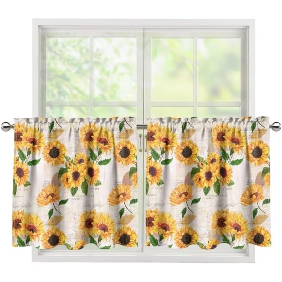 Sunflower Poster Tiers for Kitchen Cafe Windows,Rustic Farmhouse Short Sheer Tier Curtains with Rod Pocket 2 Panels