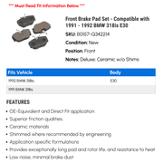 Front Brake Pad Set - Compatible with 1991 - 1992 BMW 318is E30