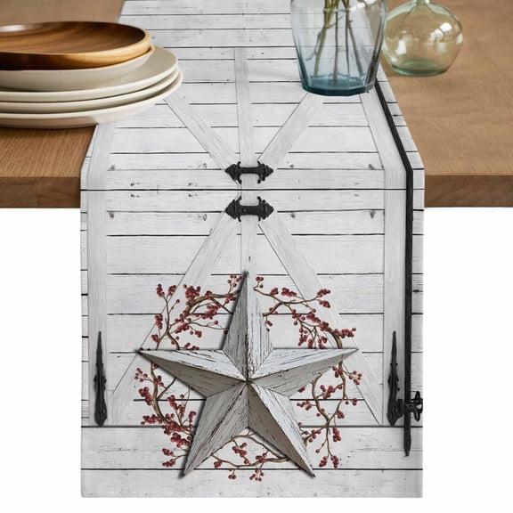 Table Runner 90 Inches Long for Kitchen Dining, Texas Star Retro Dresser Scarf Farmhouse, Dining Table Decorations for Wedding/Parties, Vintage White Wooden Berry 13 x 90 In