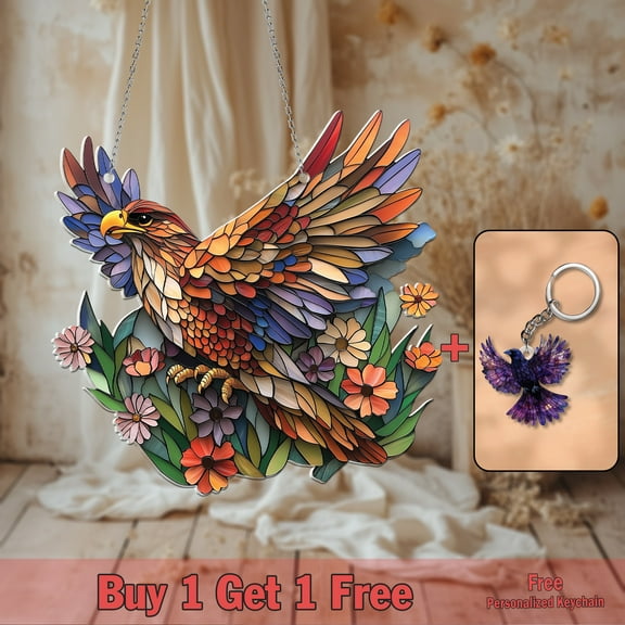 Acrylic 2D Flat Eagle Suncatcher, Colorful Floral Window Hanging, Nature-Inspired Patriotic Decor, Freedom Symbol Gift
