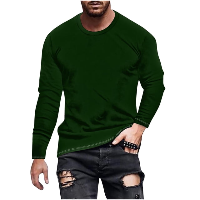 Dagugfen Plus Size Tops for Men Long Sleeve Crewneck Slim Solid Color Comfy Leisure Workout Shirts Fall