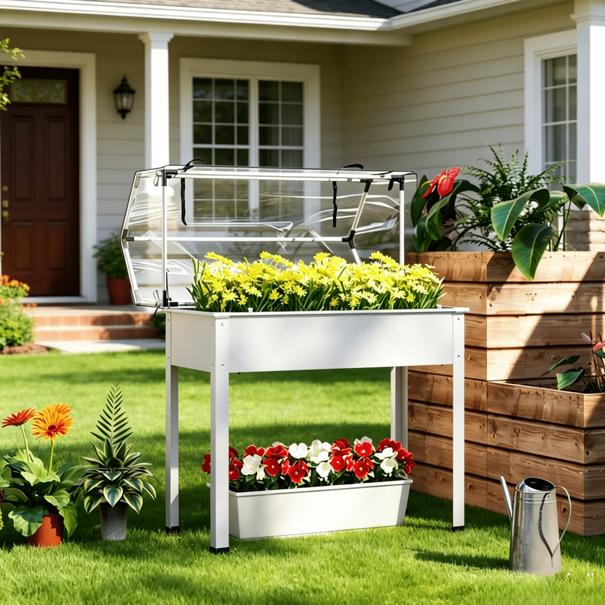 White 2-in-1 Raised Planter Box with Greenhouse Cover, Elevated Garden Bed with Flip-Up Door, Metal Steel Frame, Drainage Hole, 110 Lbs Capacity for Outdoor Plants Vegetables Herbs