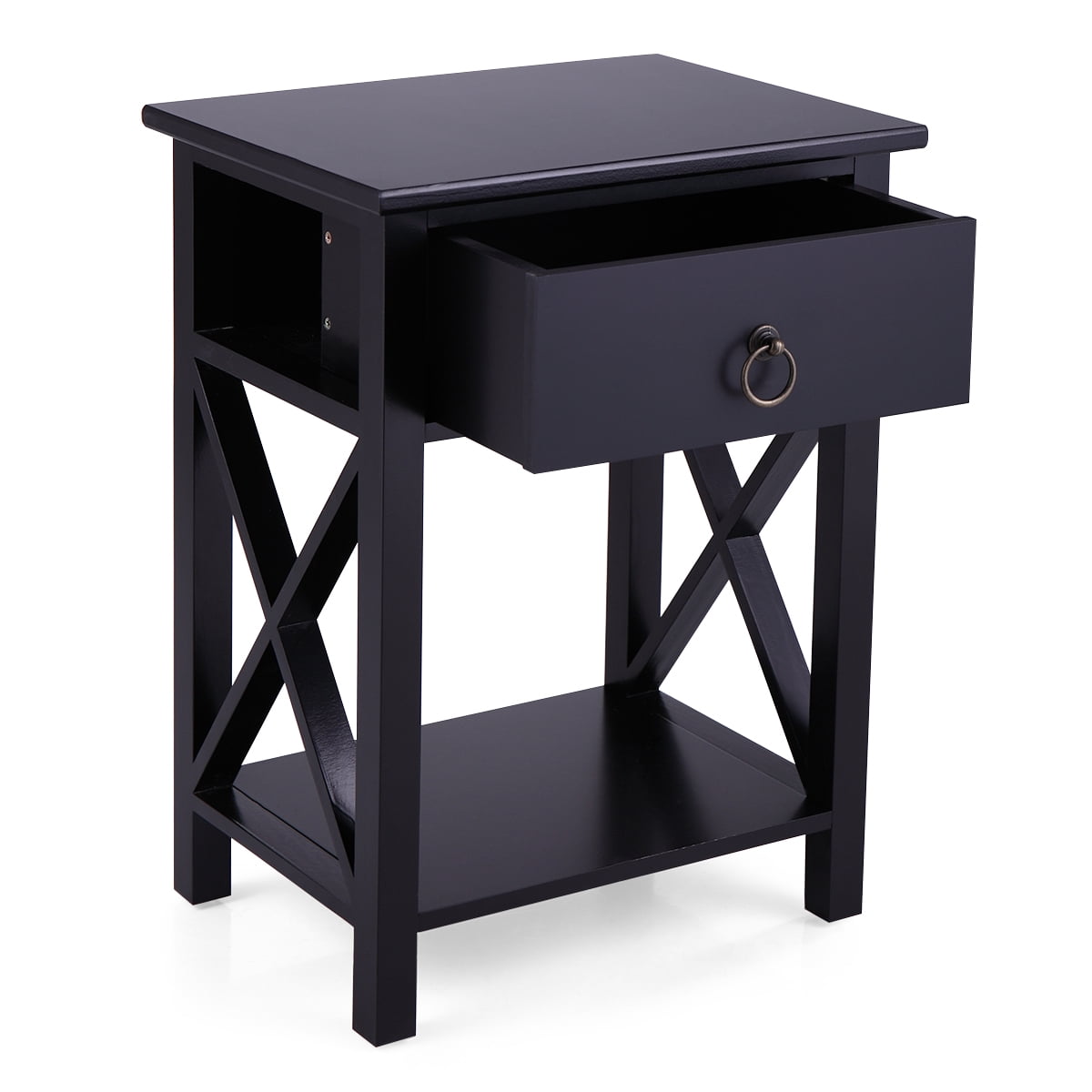 Kepooman Wooden X-Design Modern Side End Table Storage Shelf with Bin Drawer, (2, Black) Kepooman Wooden X-Design Modern Side End Table Storage Shelf with Bin Drawer, (2, Black)