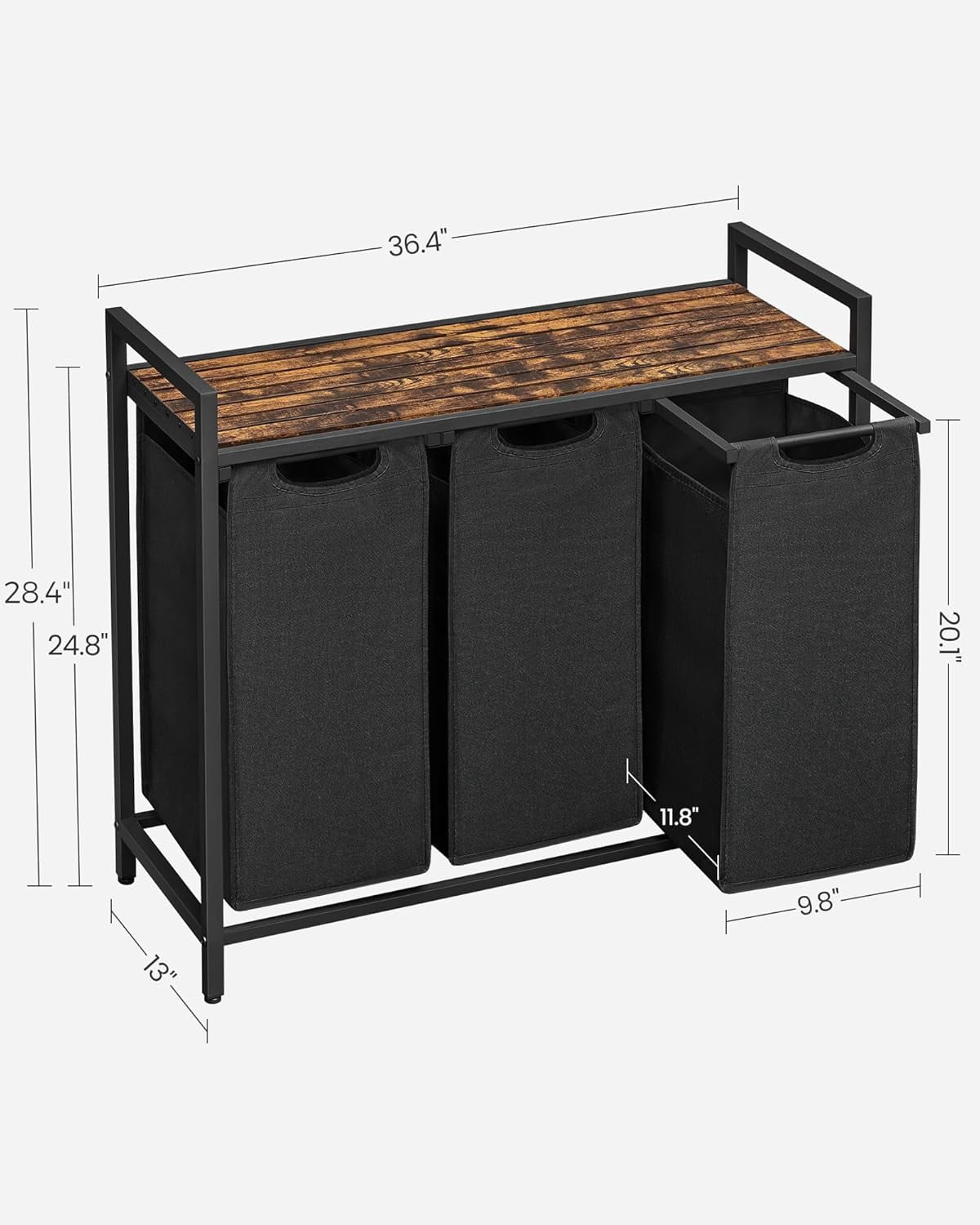 Laundry Hamper, 3 X 45L Laundry Bags & 2 Tier Adjustable Storage Shelf, Pull-Out and Removable Oxford Fabric Laundry Baskets, for Home/Hotel Black