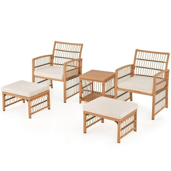GVN 5 Piece Patio Wicker Sofa Set, Deluxe Outdoor Patio with Seat and Back Cushions-Natural