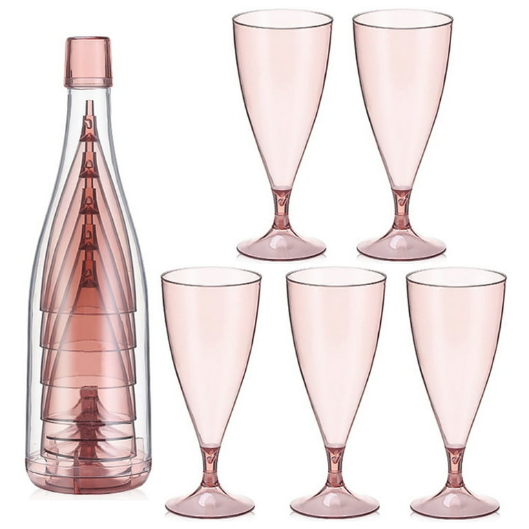 5Pcs Plastic Wine Glasses and Champagne Flutes, Portable and Reusable  Stemware with Storage Bottle for Party,Picnic,Travel