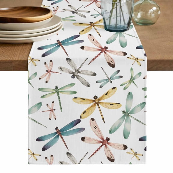 Dragonfly Table Runner, Watercolor Colorful Nature Painting Art Washable Cotton Linen Table Runners 60 Inches Long, Dresser Scarf Runner for Coffee/TV Stands/Kitchen/Cabinets 13''x60''