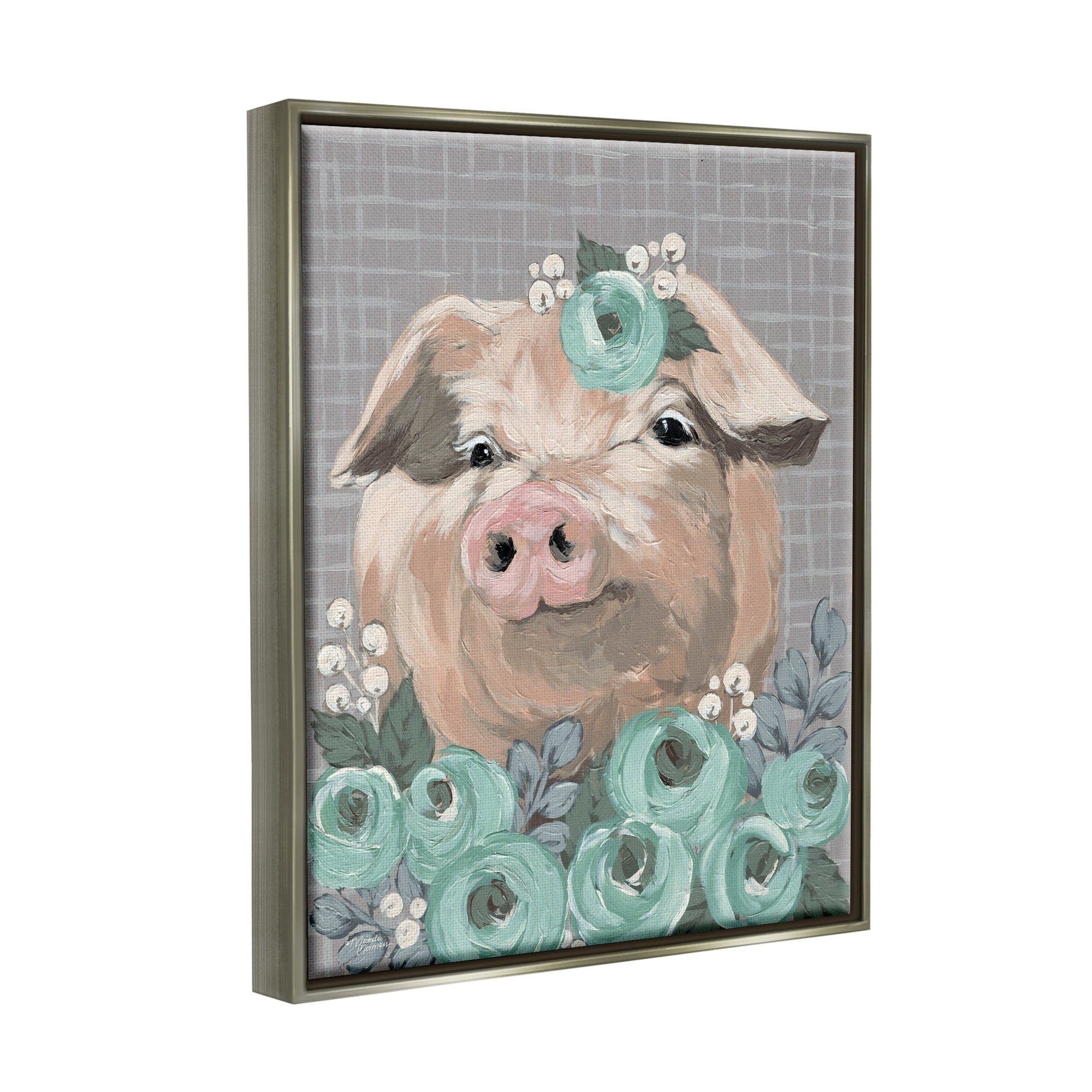 Stupell Industries Fuzzy Pig Surrounded Turquoise Flower Arrangement Pattern Painting Luster Gray Floating Framed Canvas Print Wall Art, Design by Michele Norman