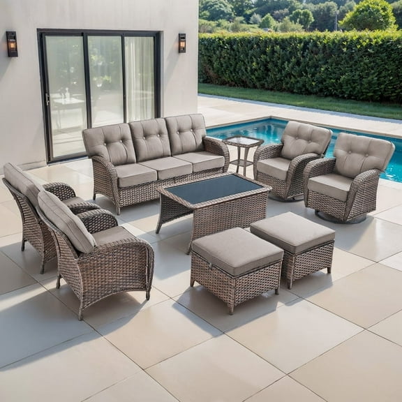 POCASSY Brown Wicker 9 Piece Patio Furniture Set with 5" Thick Cushions, Outdoor Patio Furniture Set with Swivel Gliding Rocker Chairs and Club Chairs