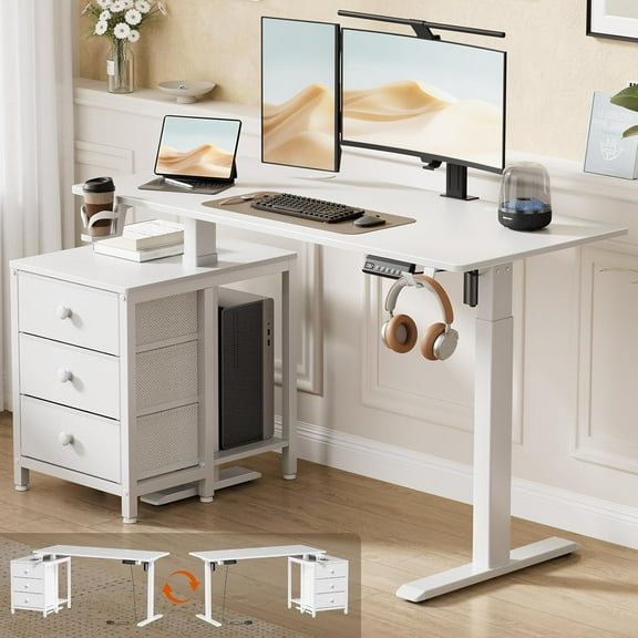 REAHOME Electric Standing Desk with Drawers, 47 x 24 Inches Height Adjustable Sit Stand Desk with Storage, 3 Memory Preset Home Office Computer Desk, Printer Cabinet, 2 Hooks, Cable Management, White