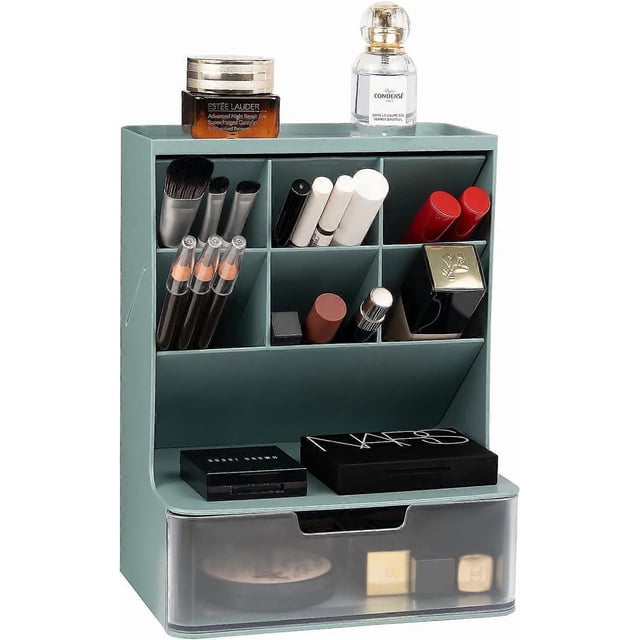 makeup organizer for Vanity with brush holders, skincare organizers with Drawer (Premium ABS, Waterproof and Dustproof), Ideal storage for Bathroom, d
