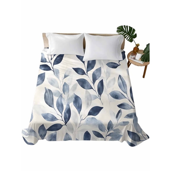 Twin Flat Sheet 66"x96", Navy Blue Botanical Soft Lightweight Bedding Flat Sheets Only, Pastoral Spring Leaves Watercolor Brushed Microfiber Top Bed Sheet, Breathable StainResistant Bedsheets