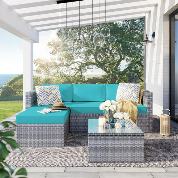 CHAUKY Patio Furniture Set with Detachable Soft Cushions, Outdoor PE Rattan Patio Conversation Sofa Set, 3-Piece Patio Sectional Sofa with Glass Coffee Table,Silver Rattan/Sky Blue