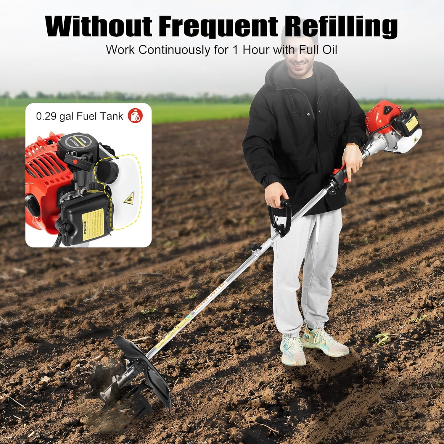 Miumaeov Handheld Tiller Cultivator, 51.7CC 2 Stroke Gas Powered Yard Garden Farm Tilling Tool,Mini Weeding Tilling Tool Gas Powered Engine