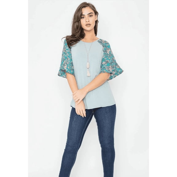 Eloges Teal & Light Blue Floral Trumpet-Sleeve Raglan Tunic