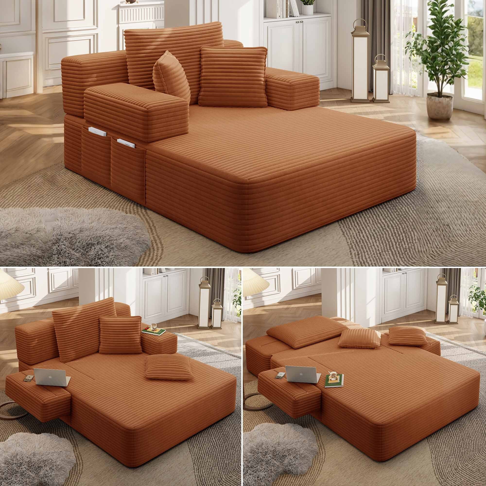 Lunale Boneless Chaise Lounge Chair Indoor, Oversized Convertible Sofa Bed, Cloud Corduroy Sofa Chair for Living Room, Orange