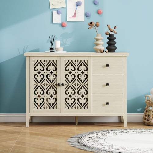 BSHTI Hollowed-out Cabinet with 2 Door 3 Drawers, American Furniture, Suitable for Bedroom, Living Room, Study