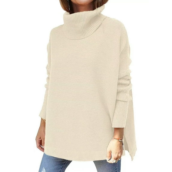 Xuanfei Women Solid Color Turtle Neck Mid-Length Long Sleeve Side Split Sweater