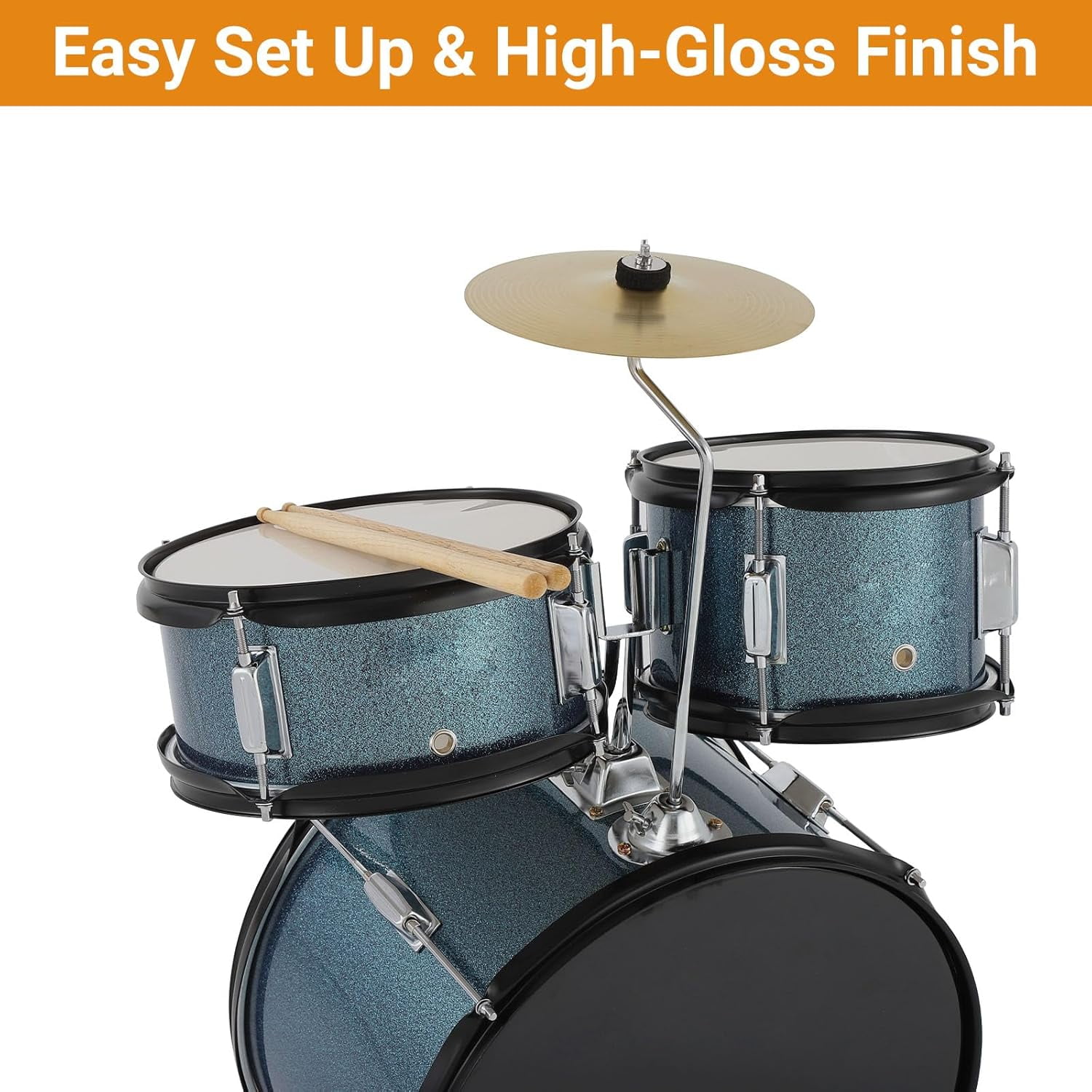 5-Piece Drum Set, Complete Kit with Bass Drum, Tom, Snare, Hi-Hat, Cymbal & Pedal, 16in Full Drum Set with Drumsticks and Stool, Blue