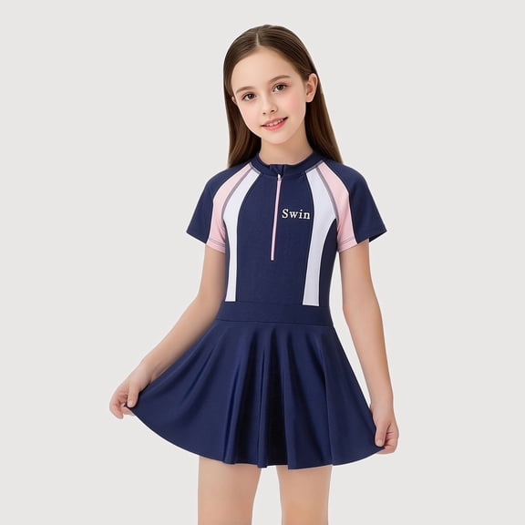 Gyujnb One-Piece Swimsuit with Skirt Athletic Training Swimwear (Little Girls,Big Girls),7-8 Years