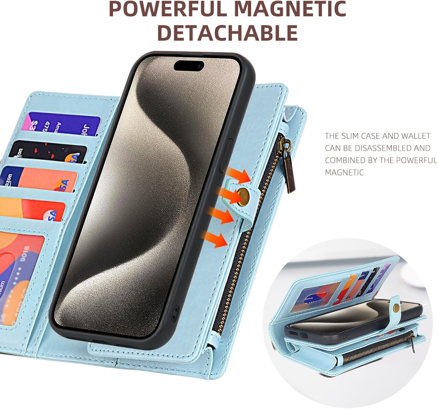 Phone Case Wallet Case Compatible for iPhone 15,iPhone 15 Multifunctional 2 in 1 Magnetic Case Wallet,Durable PU Leather Flip Lanyard Strap Wristlet Zipper Card Holder  for iPhone 15
