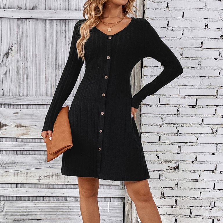 Women Vintage A Line Knit Dresses Casual V-Neck Button Long Sleeve Dresses  Ribbed Knitted Swing Dress - Walmart.com