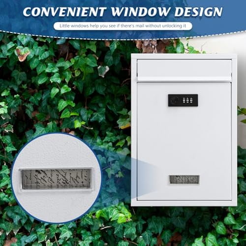 Locking Wall Mount Mailbox, Mail Boxes with Combination Lock for Outside, Security Cash Key Letter Drop Box with Code for House Office School,12.4H x 8.54L x 3.35W Inches, White