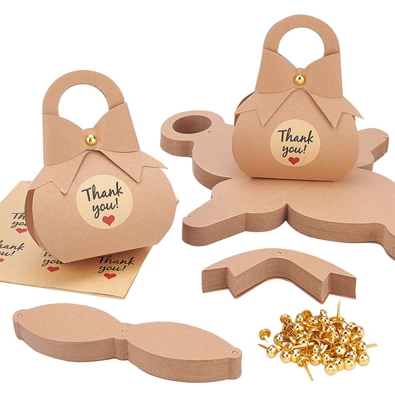 1bag 50 Packs Bowknot Favor boxes Kraft Package box Thank You Favor boxes With Stickers Treat Paper boxes for Wedding Birthday Bridal Shower Baptism 3.5x6.5x13cm /1.3x2.6x5.1 inch