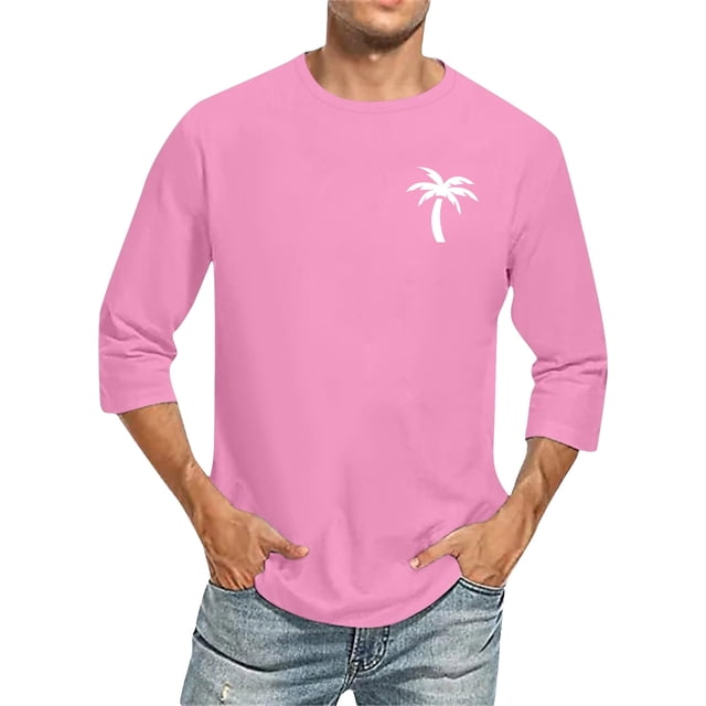 Mens T -Shirts Male 3/4 Sleeve Comfortable Crewneck Graduated Color Fit Tee Mens Shirts Pink M