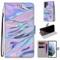 Allytech Galaxy S22 Ultra Case with Detachable Hand Strap, PU Leather Flip Phone Case with Card Slots Holder Foldable Stand Magnetic Snap Cover for Samsung Galaxy S22 Ultra 6.8" 2022, Water Pattern