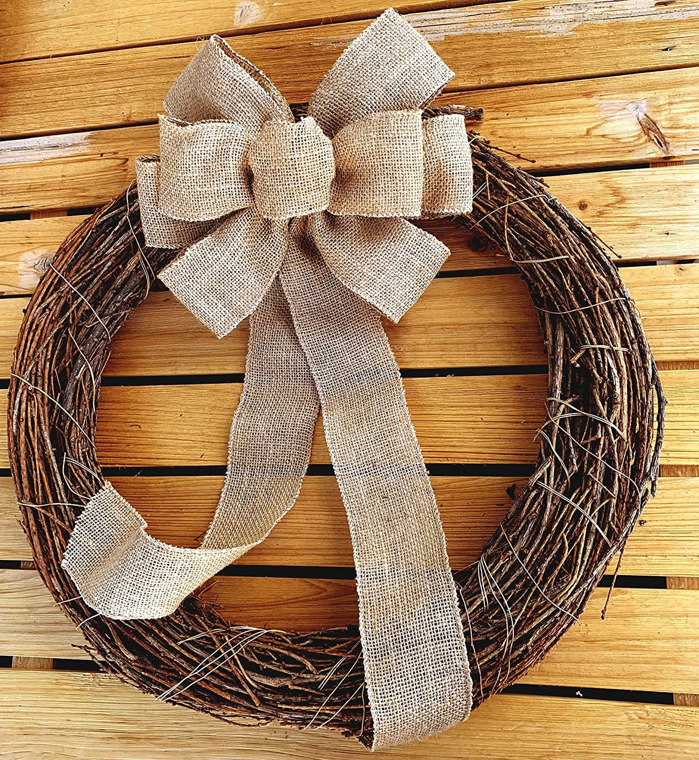 Natural Burlap Ribbon Wedding Bows - 10" Wide, 18" Long Tails, Set of 6, 4th of July, America 250 Anniversary, Reception, Farmhouse Country, Wreath Bows, Swag, Garland, Fall, Thanksgiving, Christmas